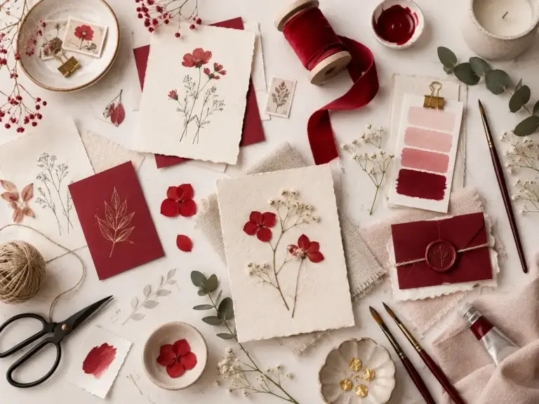 Flat lay met handgemaakt papier, bloemen, lint, verf en creatieve materialen in warme roodtinten.