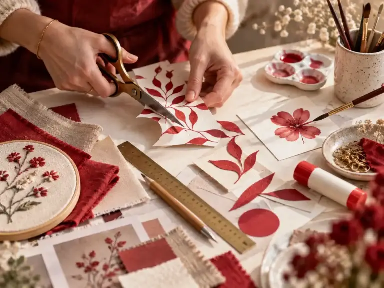 Handen die papier knippen en schilderen tussen verschillende materialen voor kunst, decoratie en handwerk.