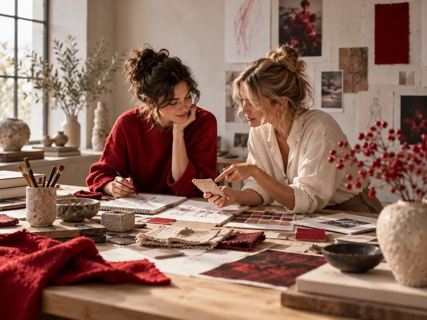 Twee creatieve makers bespreken schetsen, stoffen en kleurstalen tijdens een samenwerking in een atelier.