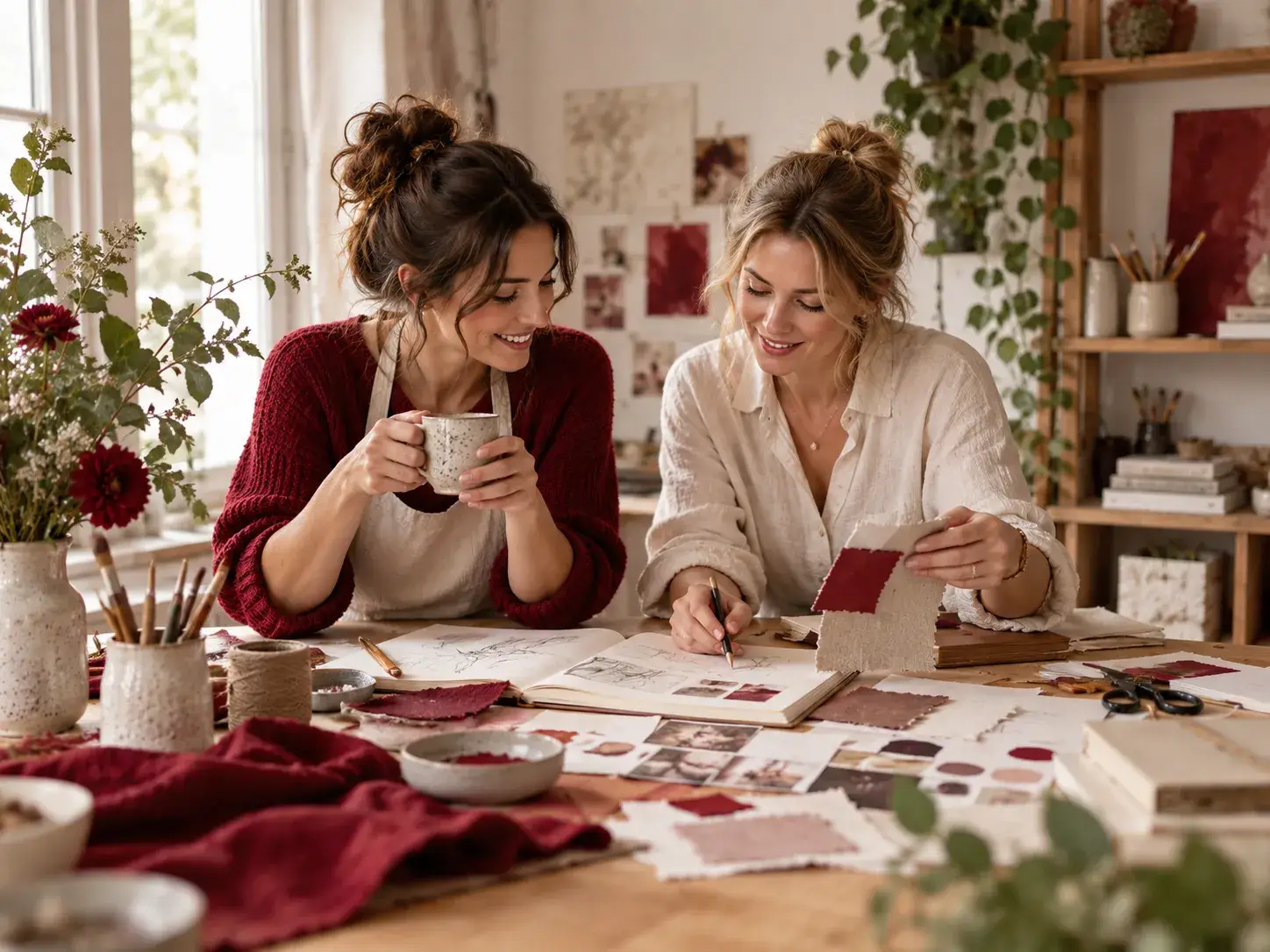 Twee creatieve makers bespreken schetsen, stoffen en materialen tijdens een inspirerende samenwerking in Atelier Nanda.