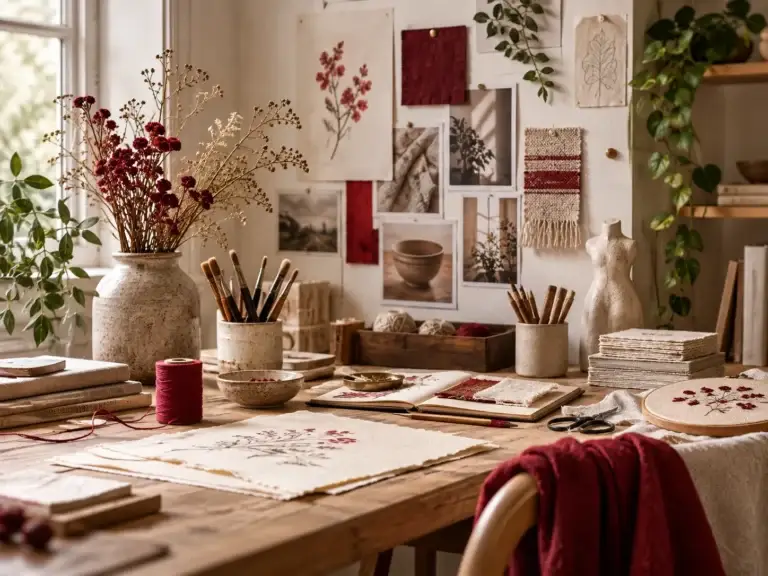 Sfeervolle atelierwerkplek met moodboard, penselen, handgemaakt papier, borduurwerk, garen en kunstmaterialen in rode en neutrale tinten.