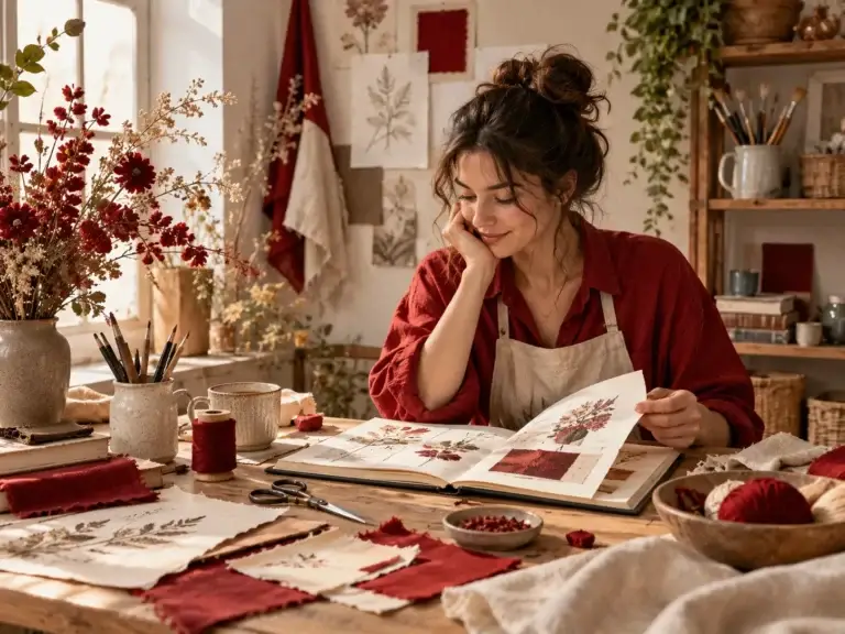 Vrouw in een sfeervol atelier bekijkt creatieve voorbeelden aan een werktafel met stoffen, schetsen en handwerkmaterialen in rode tinten.