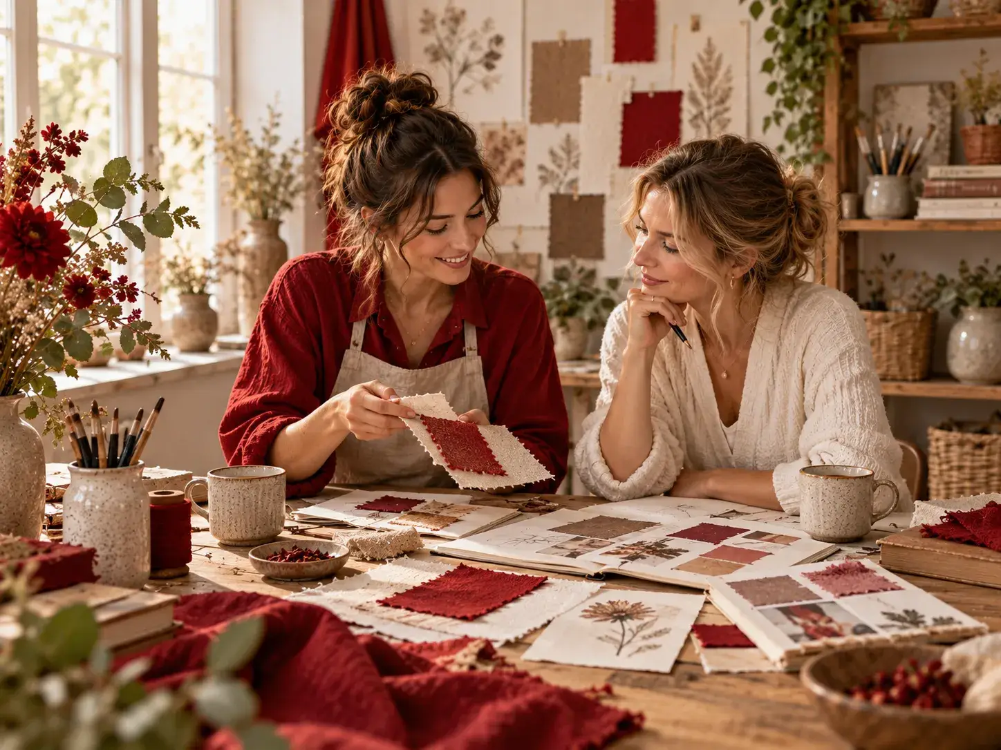 Twee creatieve makers bespreken stoffen, schetsen en kleurstalen aan een sfeervolle werktafel in Atelier Nanda.