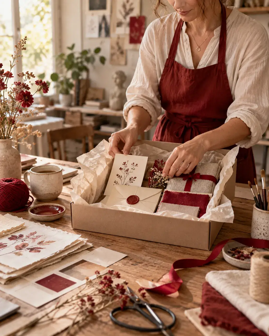 Creatieve maker stelt een zorgvuldig verpakt welkomstpakket samen met stoffen, papier, lint en handgemaakte materialen in Atelier Nanda.
