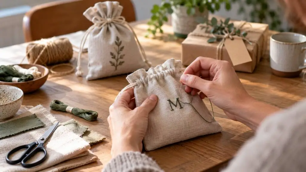Cadeau handwerk ideeën tijdens het maken van een linnen etui met subtiele persoonlijke details