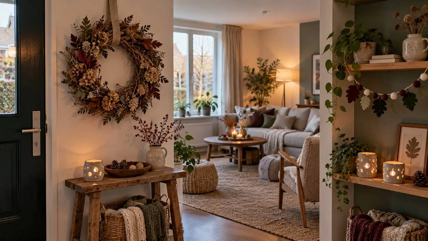 Seizoensgebonden handwerk ideeën met herfstkrans en winterse vilten decoratie in huis