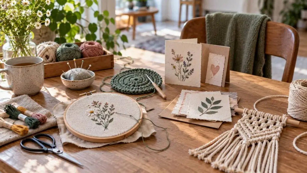 Handwerk ideeën voor beginners met borduren, haken, papierwerk en macramé aan een creatieve tafel