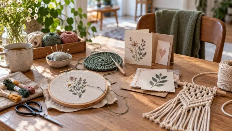 Handwerk ideeën voor beginners met borduren, haken, papierwerk en macramé aan een creatieve tafel