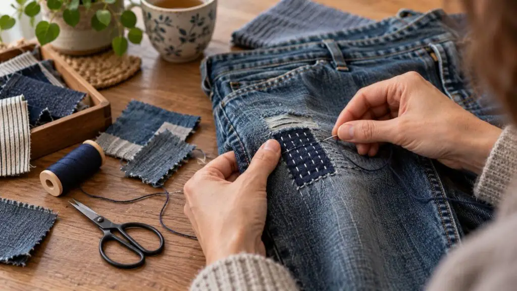 Handwerk ideeën voor volwassenen met visible mending op een gedragen spijkerbroek