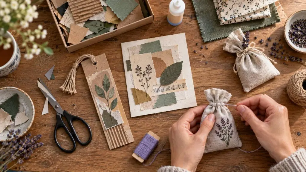 Handwerk ideeën met weinig materiaal gemaakt van karton, oud papier en stofrestjes