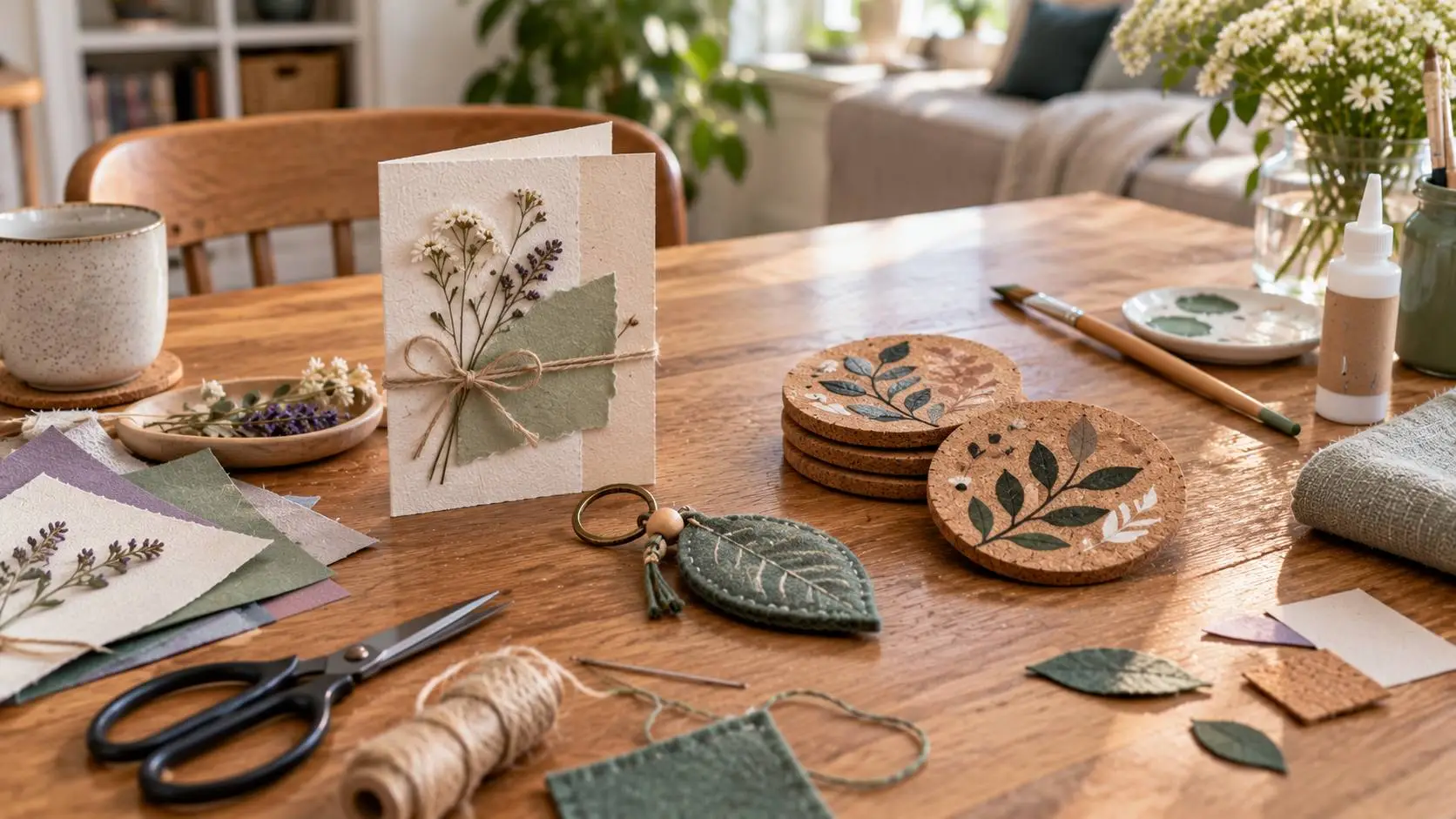 Makkelijke handwerk ideeën voor beginners met kaarten, vilten sleutelhanger en kurken onderzetters