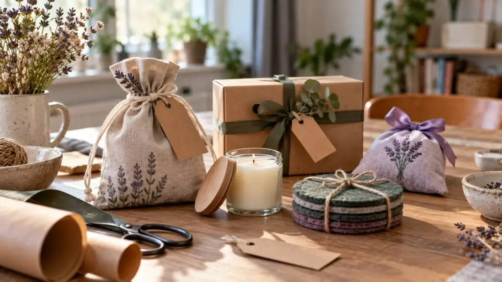 Cadeau handwerk ideeën met zelfgemaakte etui, kaars, vilten onderzetters en geurzakje