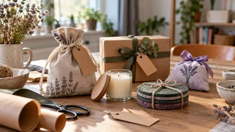 Cadeau handwerk ideeën met zelfgemaakte etui, kaars, vilten onderzetters en geurzakje
